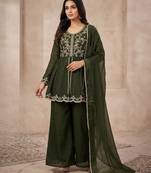 Bottle green embroidered frock-style kurta with palazzos & dupatta
