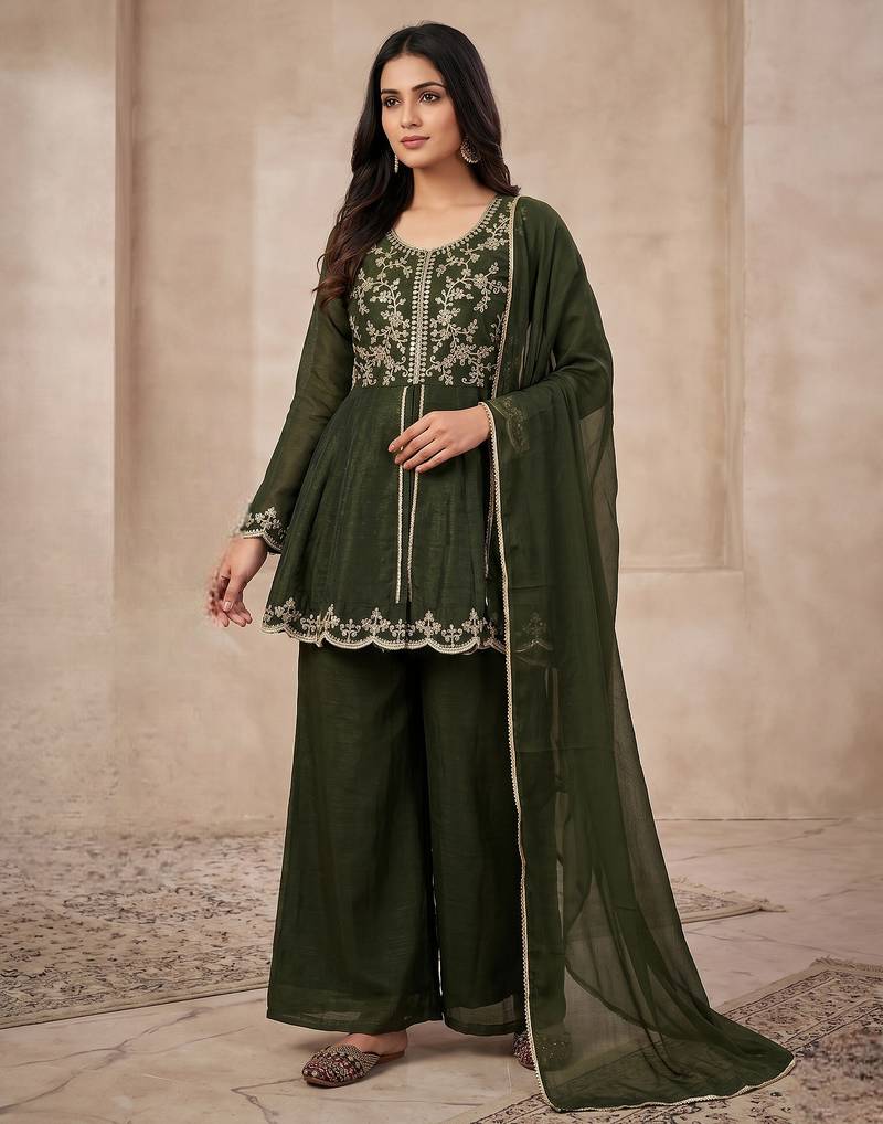 Bottle green embroidered frock-style kurta with palazzos & dupatta