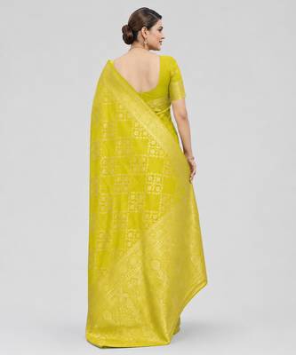 Lime yellow zari woven art silk traditional saree with unstitched blouse 2