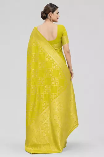 Lime yellow zari woven art silk traditional saree with unstitched blouse