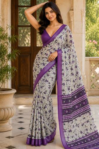 Grey floral pre stitched linen silk saree