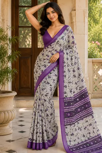 Grey floral pre stitched linen silk saree