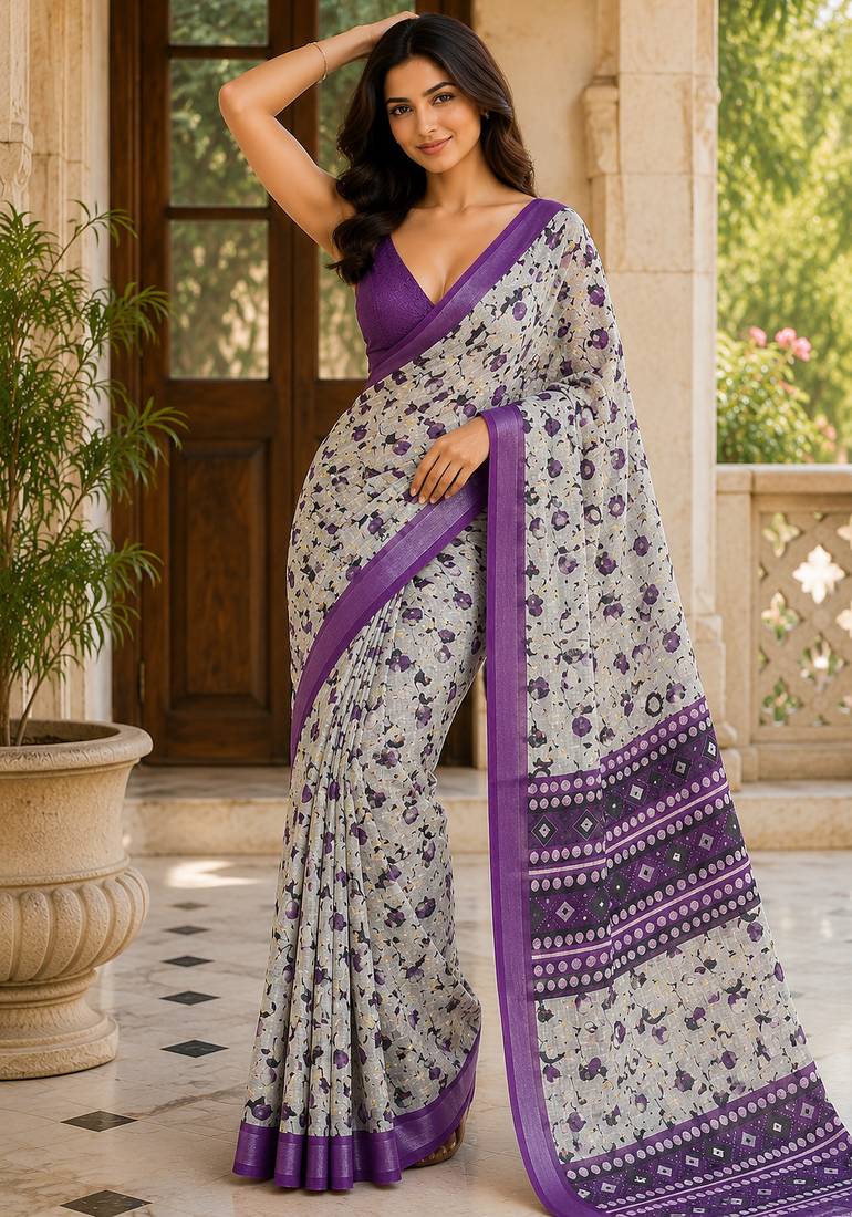 Grey floral pre stitched linen silk saree