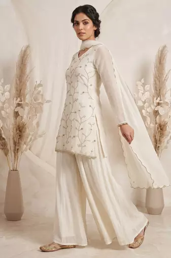 Luxury ivory embroidered sharara suit with dupatta