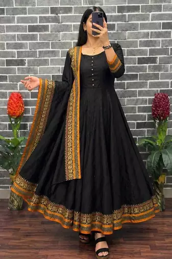 New trendy stylish black solid anarkali kurta with traditional golden border dupatta set