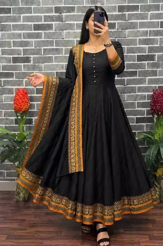 New trendy stylish black solid anarkali kurta with traditional golden border dupatta set