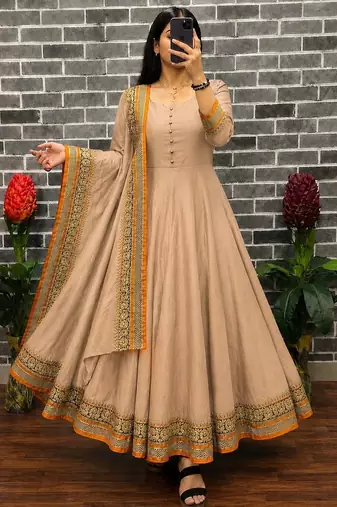 New trendy stylish cream solid anarkali kurta with traditional golden border dupatta set