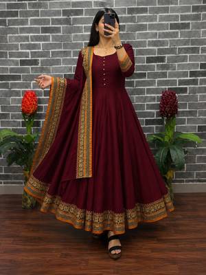  maroon solid anarkali kurta with traditional golden border dupatta set 2