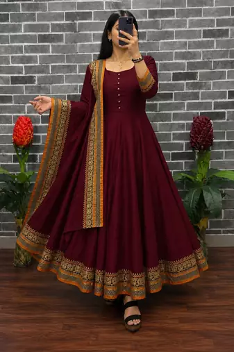 New trendy stylish maroon solid anarkali kurta with traditional golden border dupatta set