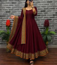 New trendy stylish maroon solid anarkali kurta with traditional golden border dupatta set