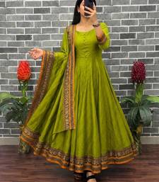 New trendy stylish olive green solid anarkali kurta with traditional golden border dupatta set