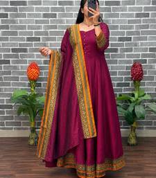 New trendy stylish wine solid anarkali kurta with traditional golden border dupatta set