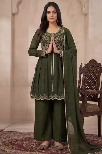 Bottle green embroidered frock-style kurta with palazzos & dupatta