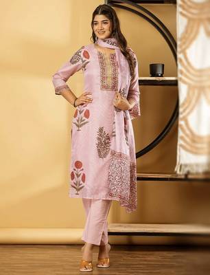Women's cotton kota doria pink  embellished  hand block printed ready to wear full suit with straight pant & dupatta 1