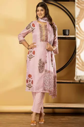 Women's cotton kota doria pink  embellished  hand block printed ready to wear full suit with straight pant & dupatta