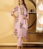 Women's cotton kota doria pink  embellished  hand block printed ready to wear full suit with straight pant & dupatta