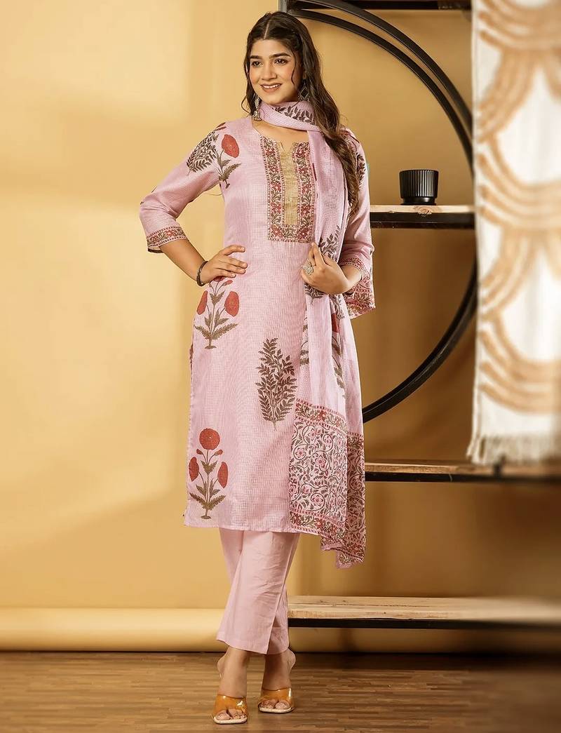 Women's cotton kota doria pink  embellished  hand block printed ready to wear full suit with straight pant & dupatta