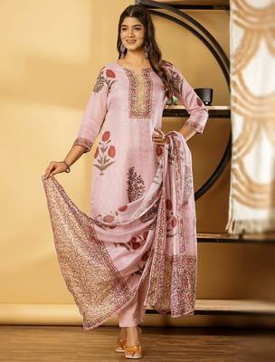 Women's cotton kota doria pink  embellished  hand block printed ready to wear full suit with straight pant & dupatta 2
