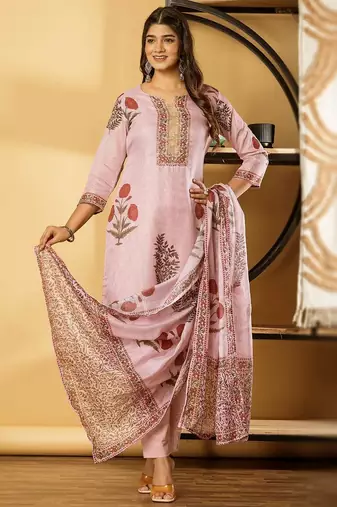 Women's cotton kota doria pink  embellished  hand block printed ready to wear full suit with straight pant & dupatta
