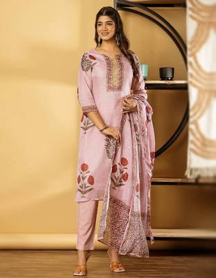 Women's cotton kota doria pink  embellished  hand block printed ready to wear full suit with straight pant & dupatta 3