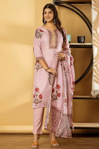 Women's cotton kota doria pink  embellished  hand block printed ready to wear full suit with straight pant & dupatta