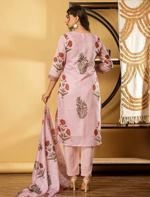 Women's cotton kota doria pink  embellished  hand block printed ready to wear full suit with straight pant & dupatta 4
