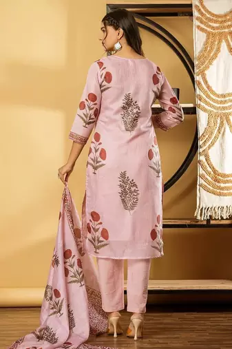 Women's cotton kota doria pink  embellished  hand block printed ready to wear full suit with straight pant & dupatta