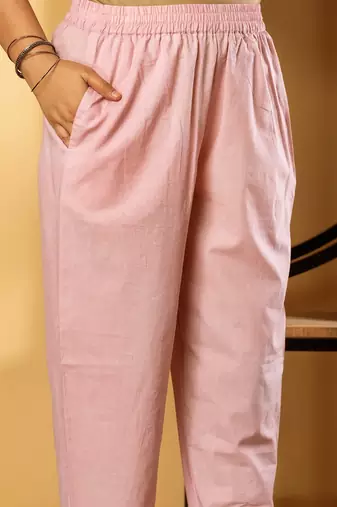 Women's cotton kota doria pink  embellished  hand block printed ready to wear full suit with straight pant & dupatta