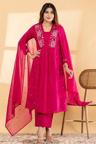 Women's cotton embellished  rani pink color ready to wear full suit with straight pant & dupatta