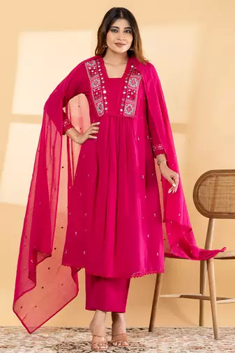 Women's cotton embellished  rani pink color ready to wear full suit with straight pant & dupatta