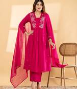 Women's cotton embellished  rani pink color ready to wear full suit with straight pant & dupatta