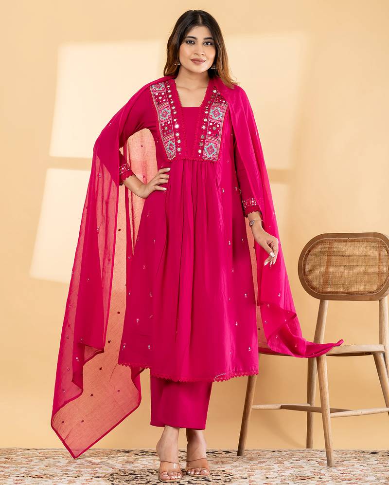 Women's cotton embellished  rani pink color ready to wear full suit with straight pant & dupatta