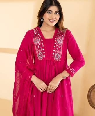 Women's cotton embellished  rani pink color ready to wear full suit with straight pant & dupatta 2
