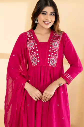 Women's cotton embellished  rani pink color ready to wear full suit with straight pant & dupatta