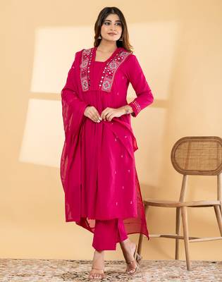 Women's cotton embellished  rani pink color ready to wear full suit with straight pant & dupatta 3