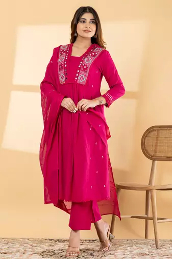 Women's cotton embellished  rani pink color ready to wear full suit with straight pant & dupatta