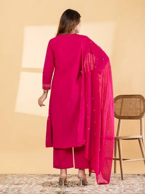 Women's cotton embellished  rani pink color ready to wear full suit with straight pant & dupatta 4