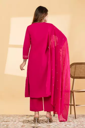 Women's cotton embellished  rani pink color ready to wear full suit with straight pant & dupatta