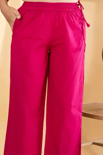 Women's cotton embellished  rani pink color ready to wear full suit with straight pant & dupatta