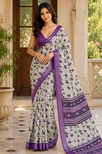 Grey floral pre stitched linen silk saree