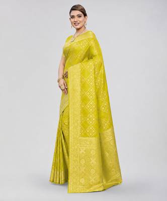 Lime yellow zari woven art silk traditional saree with unstitched blouse 3