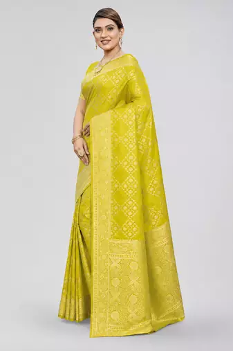 Lime yellow zari woven art silk traditional saree with unstitched blouse