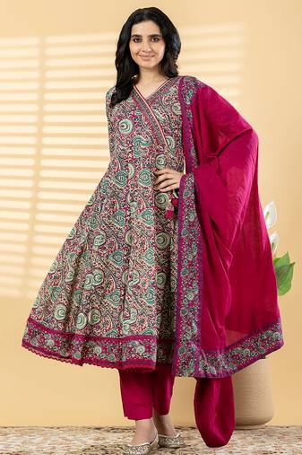 Cotton dark pink hand block printed anarkali pattern full suit with straight pant & dupatta