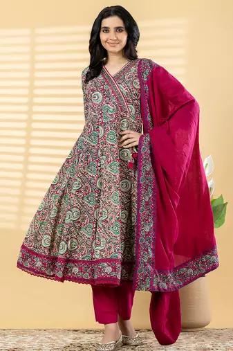 Cotton dark pink hand block printed anarkali pattern full suit with straight pant & dupatta