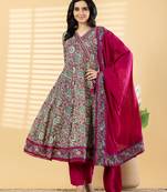 Cotton dark pink hand block printed anarkali pattern full suit with straight pant & dupatta