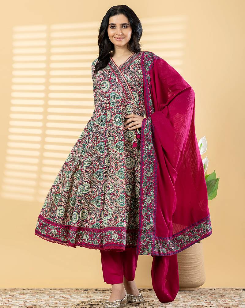 Cotton dark pink hand block printed anarkali pattern full suit with straight pant & dupatta