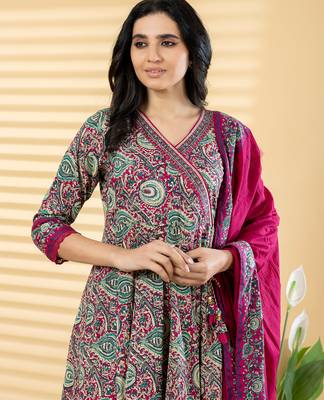 Cotton dark pink hand block printed anarkali pattern full suit with straight pant & dupatta 2