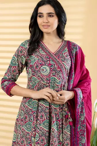 Cotton dark pink hand block printed anarkali pattern full suit with straight pant & dupatta