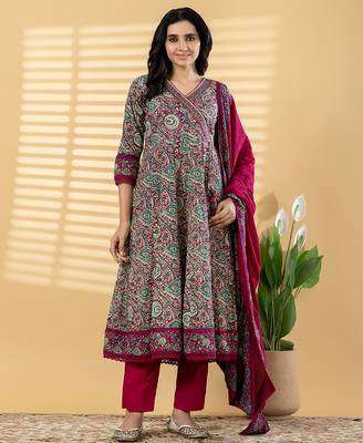 Cotton dark pink hand block printed anarkali pattern full suit with straight pant & dupatta 3