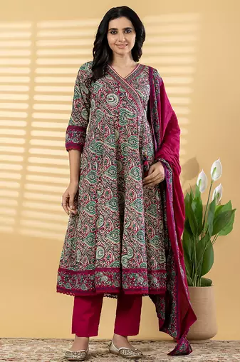 Cotton dark pink hand block printed anarkali pattern full suit with straight pant & dupatta